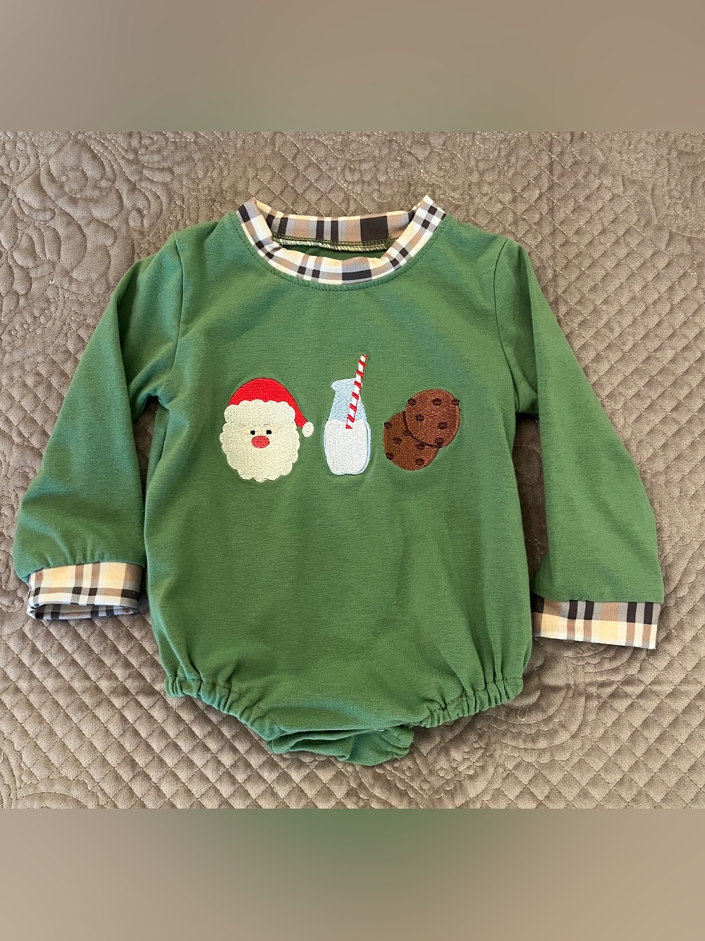 Green Holiday Santa & Cookie Baby Long Sleeve Embroidered Onsie with Plaid Trim